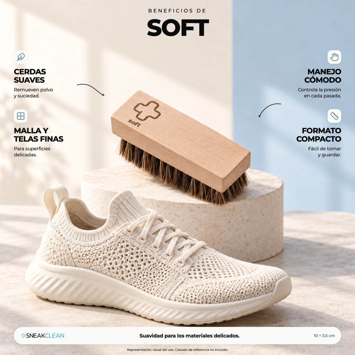 Beneficios de la escobilla Soft SneakClean: cerdas suaves para malla y telas finas