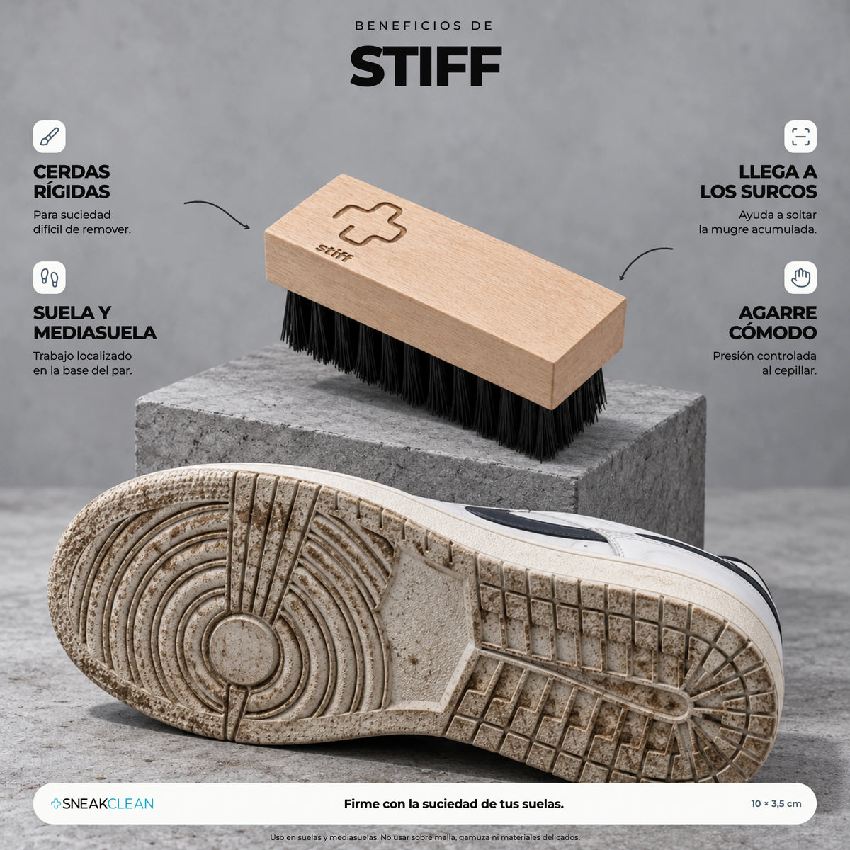 Beneficios de la escobilla Stiff SneakClean: cerdas rígidas para suelas y mediasuelas