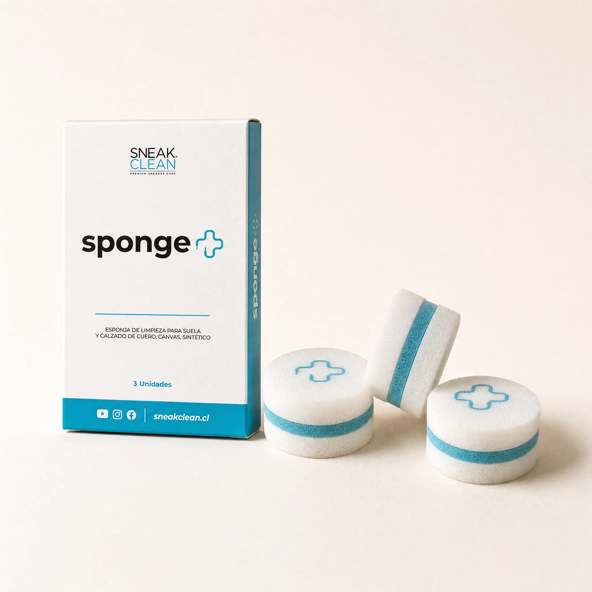 SneakClean Sponge+ pack 3 esponjas con caja — limpieza rápida zapatillas cuero canvas sintético