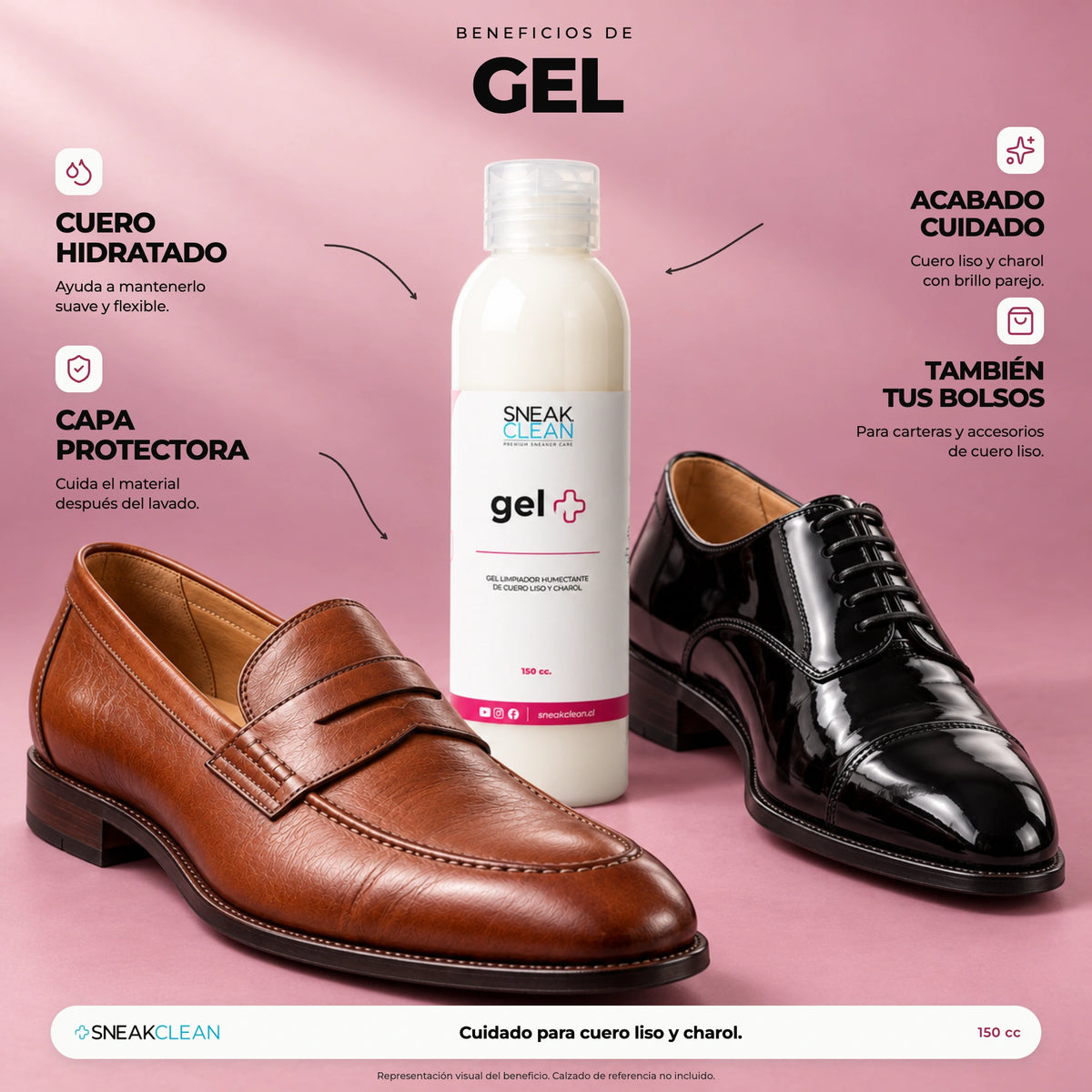Beneficios del Gel SneakClean: hidrata el cuero liso y el charol, deja una capa protectora y un brillo parejo