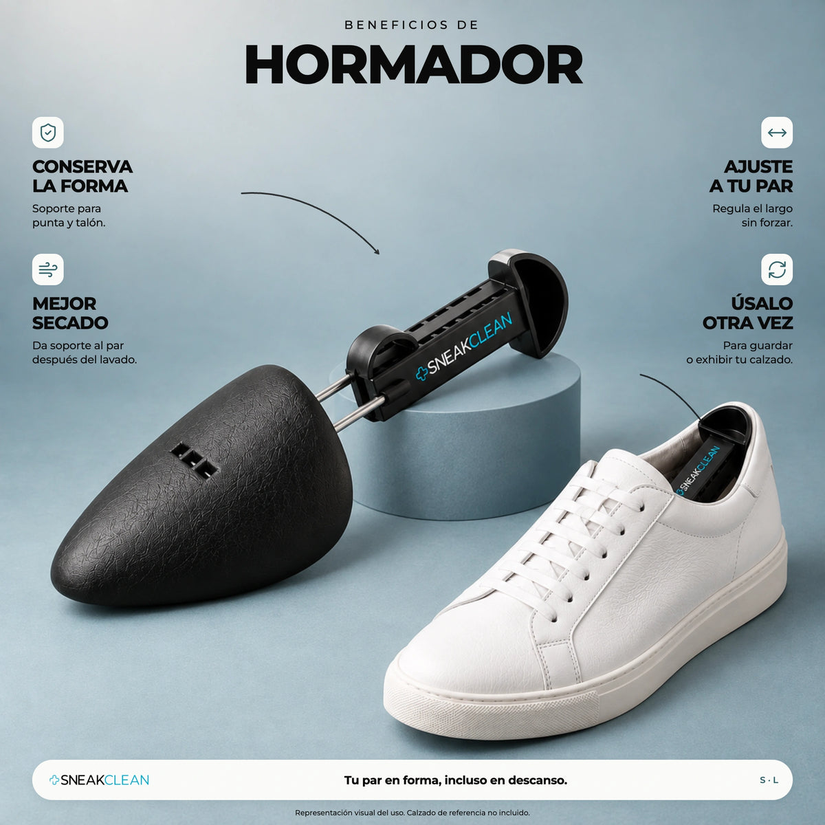 Beneficios del hormador SneakClean: conserva la forma de punta y talón, ideal para el secado y ajustable al largo del par