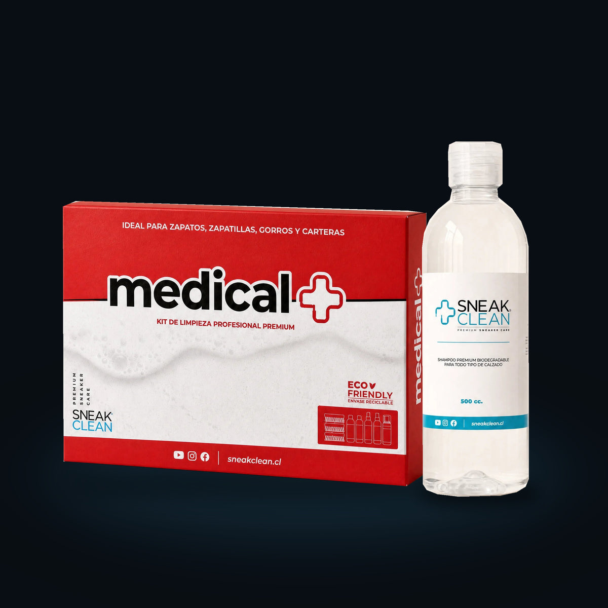Medicalbox Pro SneakClean: caja Medicalbox y Shampoo 500 cc sobre fondo oscuro
