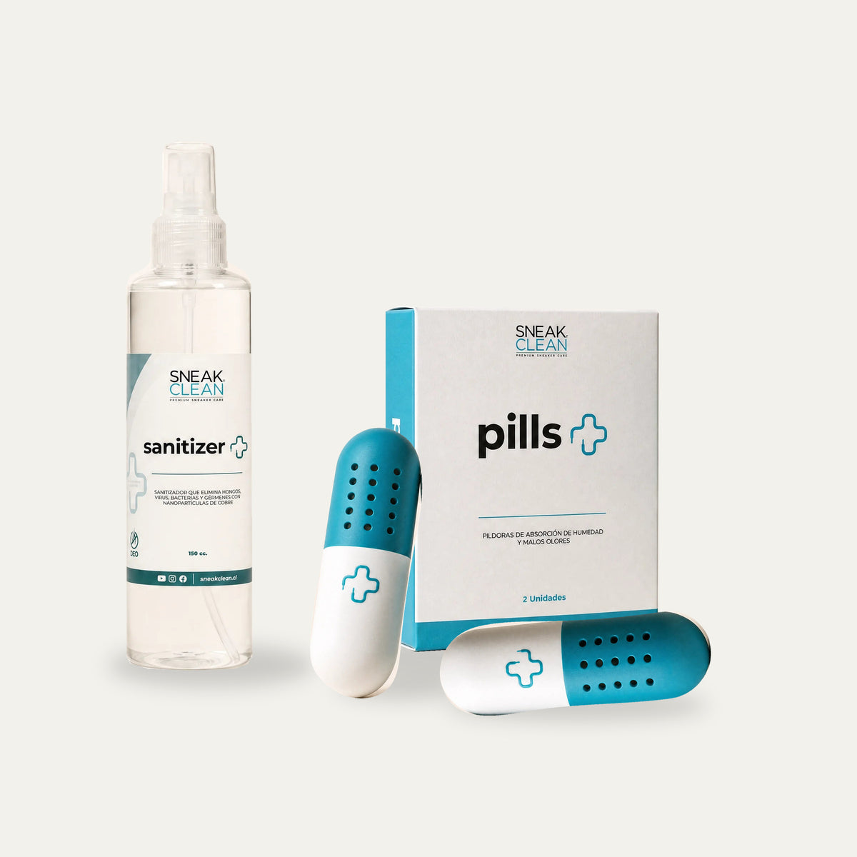 Pack Antiolor SneakClean: Sanitizer 150 ml, dos SneakPills y su caja
