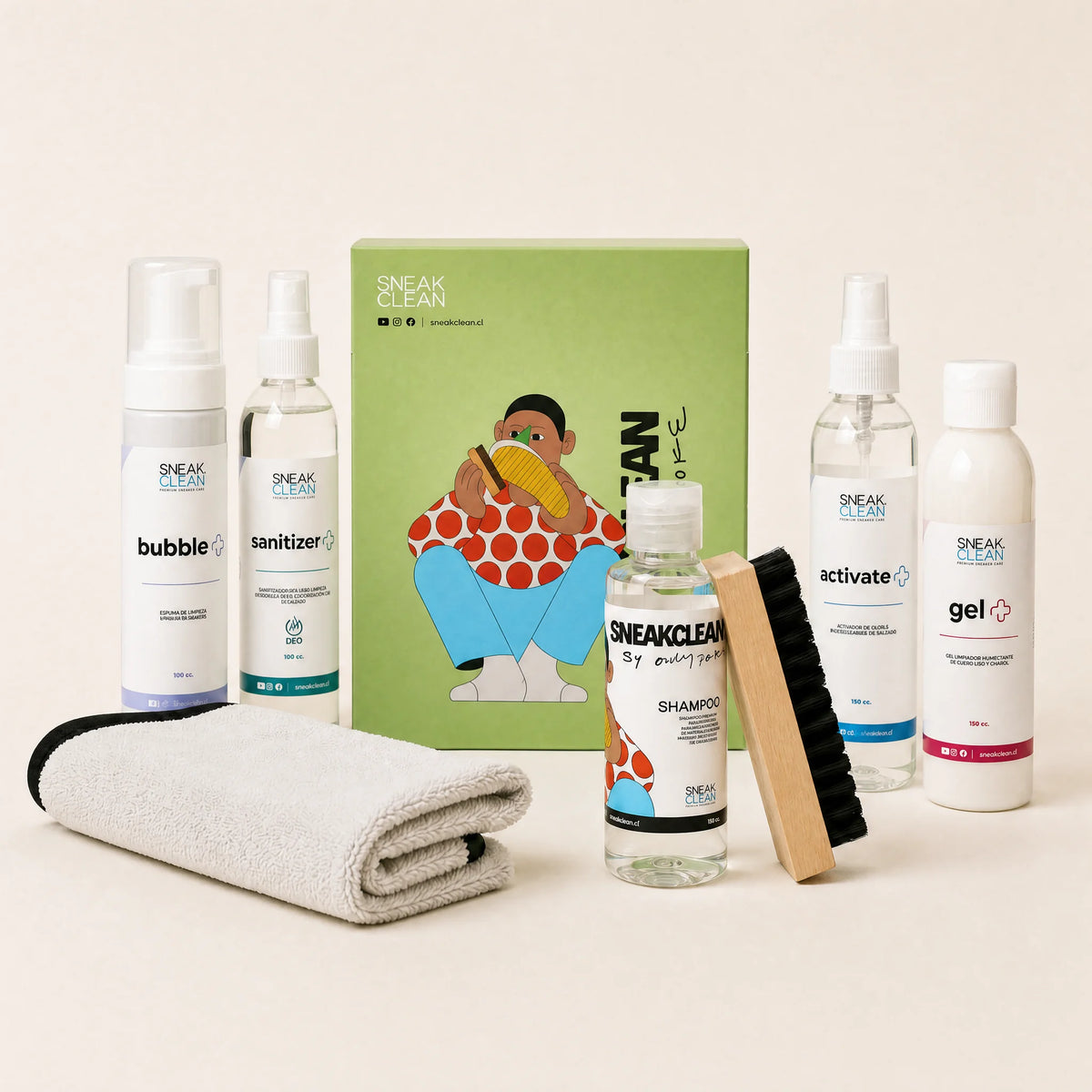 Pack Cuidado Profesional ONLYJOKE SneakClean — bubble, sanitizer, activate, gel, shampoo, escobilla y paño para limpieza pro de zapatillas