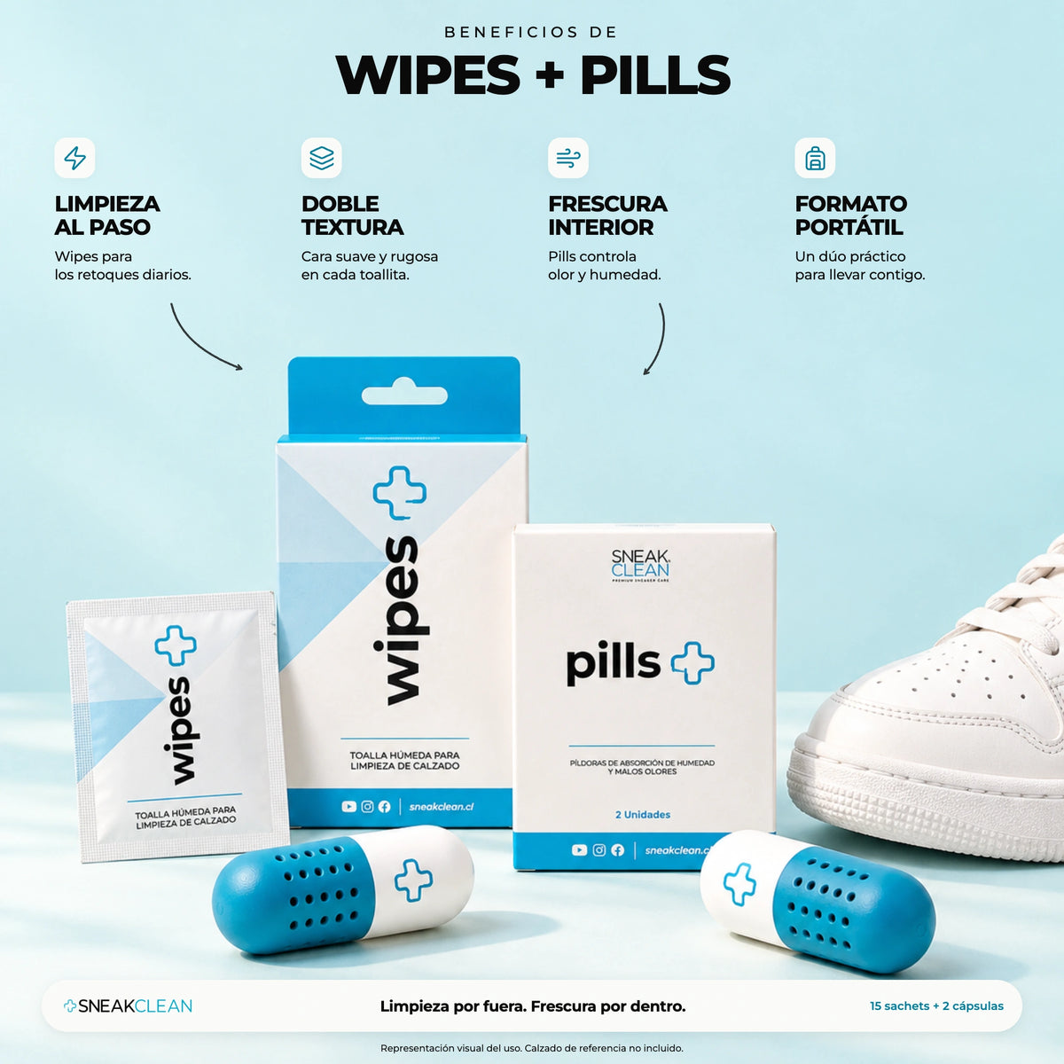 Beneficios del Pack Wipes + Pills SneakClean: limpieza al paso por fuera y frescura por dentro
