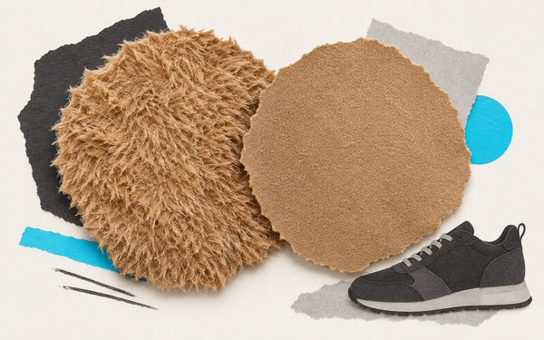 Ilustración de las texturas de la gamuza (suede) y el nubuck junto a una zapatilla