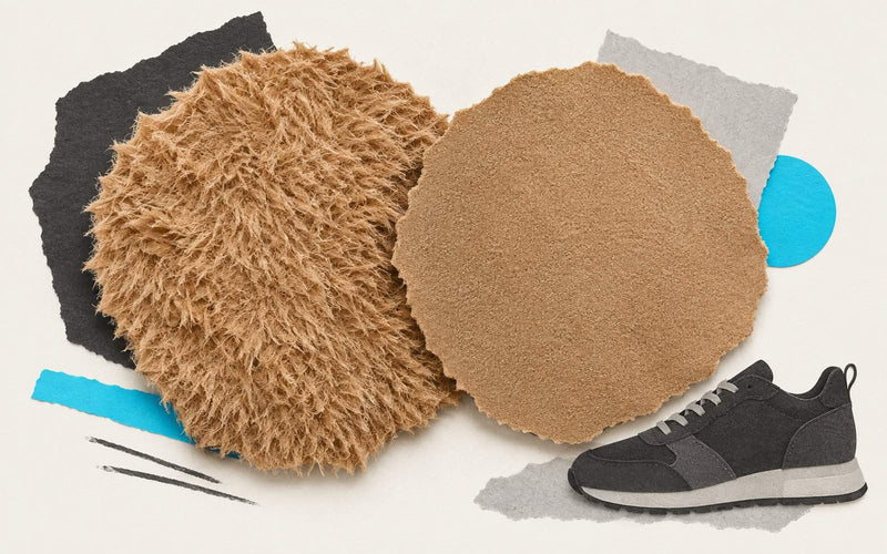 Ilustración de las texturas de la gamuza (suede) y el nubuck junto a una zapatilla