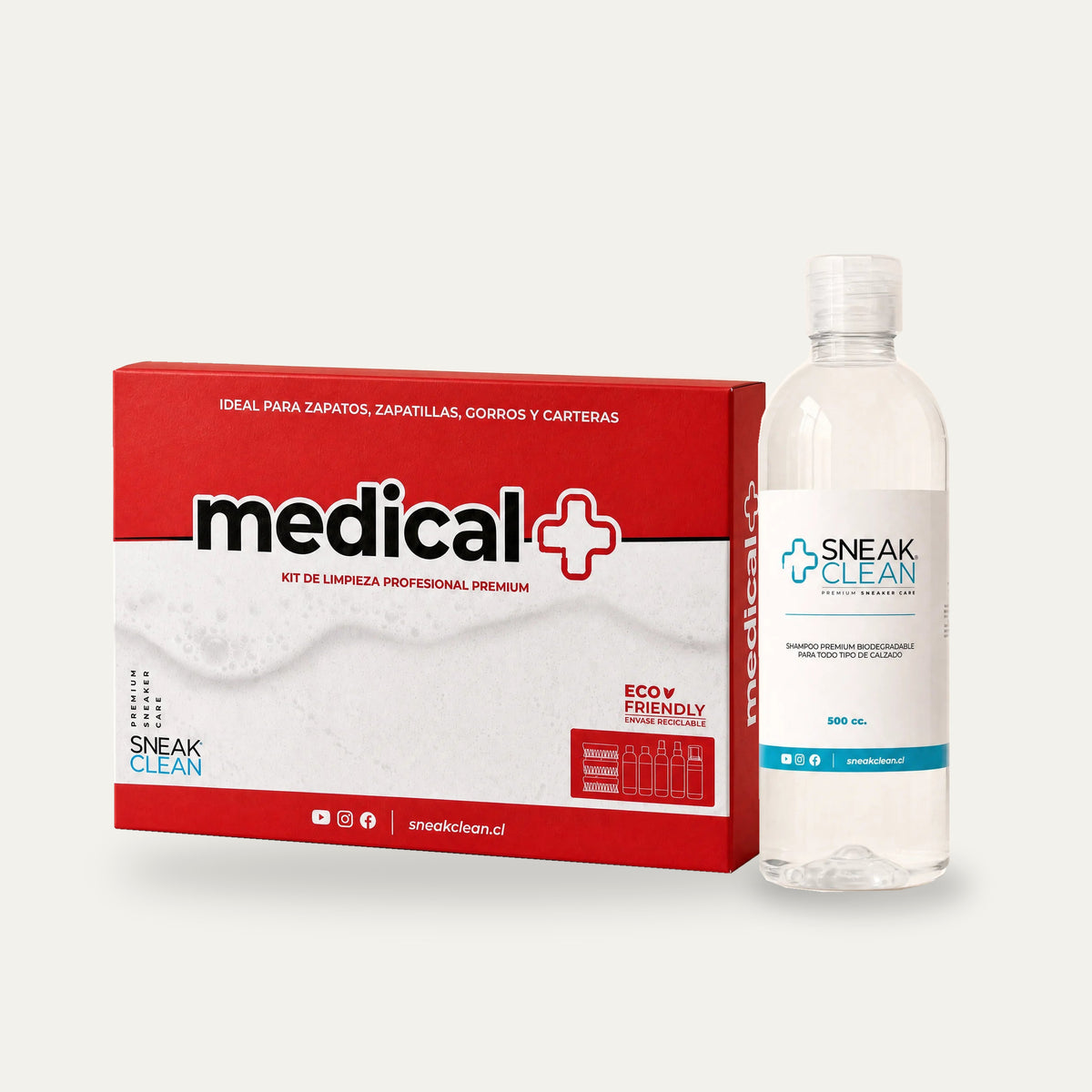 Medicalbox Pro SneakClean: caja Medicalbox y Shampoo 500 cc sobre fondo crema