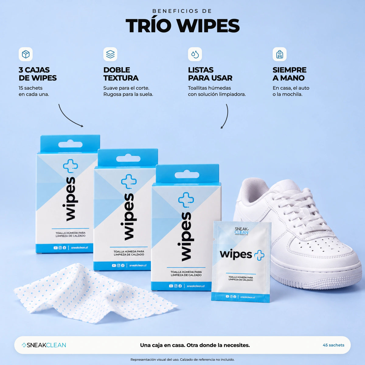 Beneficios del Trío Wipes SneakClean: 3 cajas de toallitas de doble textura, 45 sachets