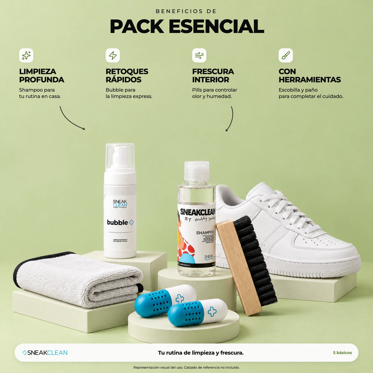 Beneficios del Pack Esencial SneakClean: shampoo, Bubble, Pills, escobilla y paño para limpieza y frescura