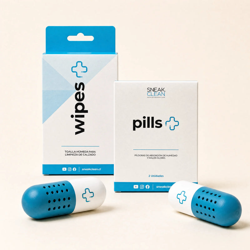 Pack SneakClean Wipes+ y Pills+ — toallitas húmedas y cápsulas anti-olor para limpieza y desodorización de zapatillas