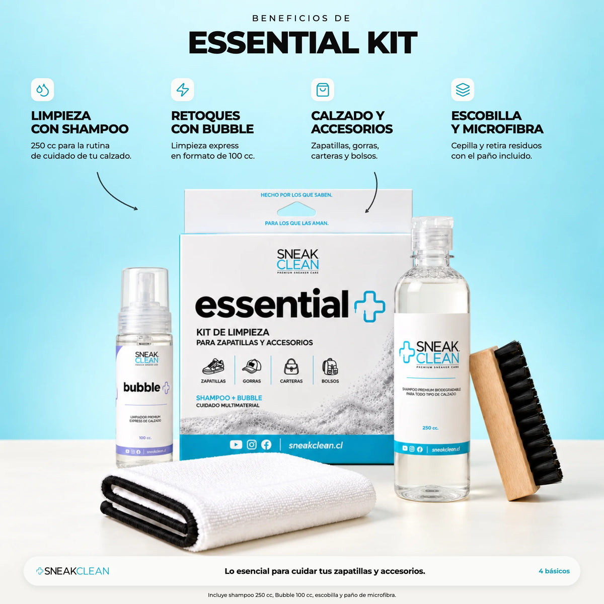 Beneficios del Essential Kit SneakClean: shampoo para el lavado, Bubble para retoques, escobilla y paño para zapatillas, gorras, carteras y bolsos